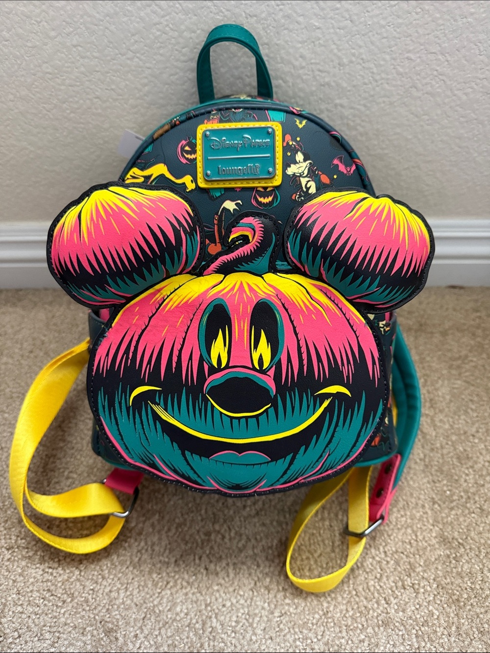 Loungefly Teal Neon Pink Yellow Pumpkin Mickey Mini Backpack